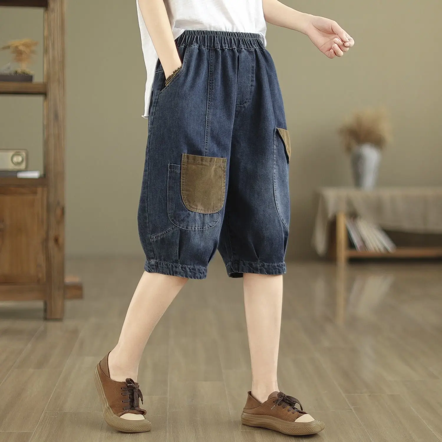 Summer Thin Casual Elastic Waist Jeans Ladies Fashion Loose Pocket Quarter Pants Women Clothes All-match Patchwork Loose Harem