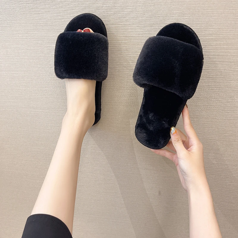 Fashion Plush One-word Slippers Women New Cotton Slippers Home Indoor Non-slip Warm Floor Cotton Slippers Women