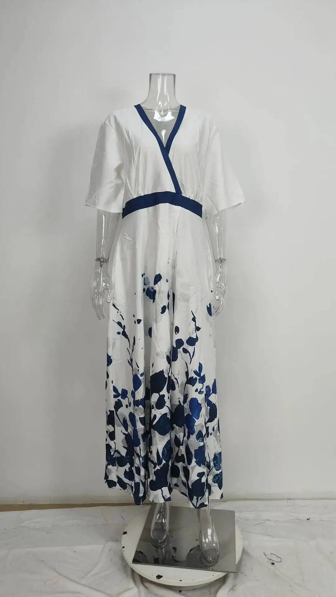 夏の女性のファッション V ネックベルト付きパーティーロングドレスセクシーな印刷自由奔放に生きるマキシドレス半袖ポケット Femlae ホリデー RXJ8