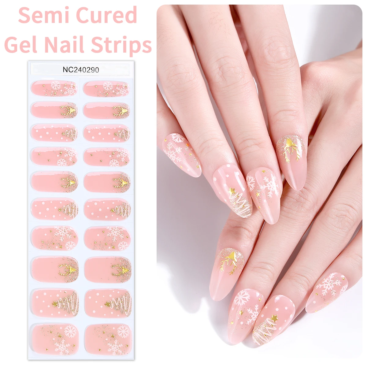 20Tips Christmas Luminous Semi-Cured Gel Nail Strips Snowflake Bear Bell Gel Nail Stickers For New Year Manicure UV Nail Wraps