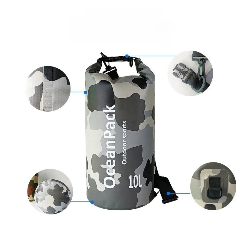 حقيبة سباحة للأطفال، حقيبة كاجوال للتخييم مقاومة للماء، حقيبة شاطئ الانجراف، حقيبة جافة، حقيبة دلو مقاومة للماء من مادة PVC المموهة