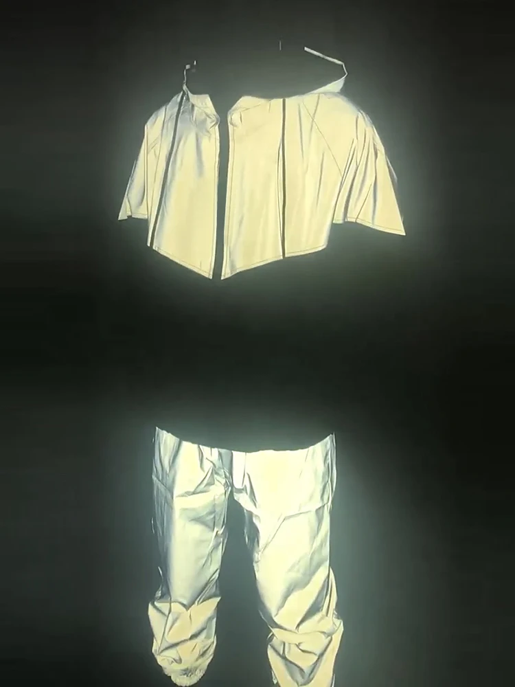 Men's Night Reflective Jacket Set Stitched Fashion Outwear Hoodie Waterproof Loose Coats and Pants Hip Hop Dance Streetwear