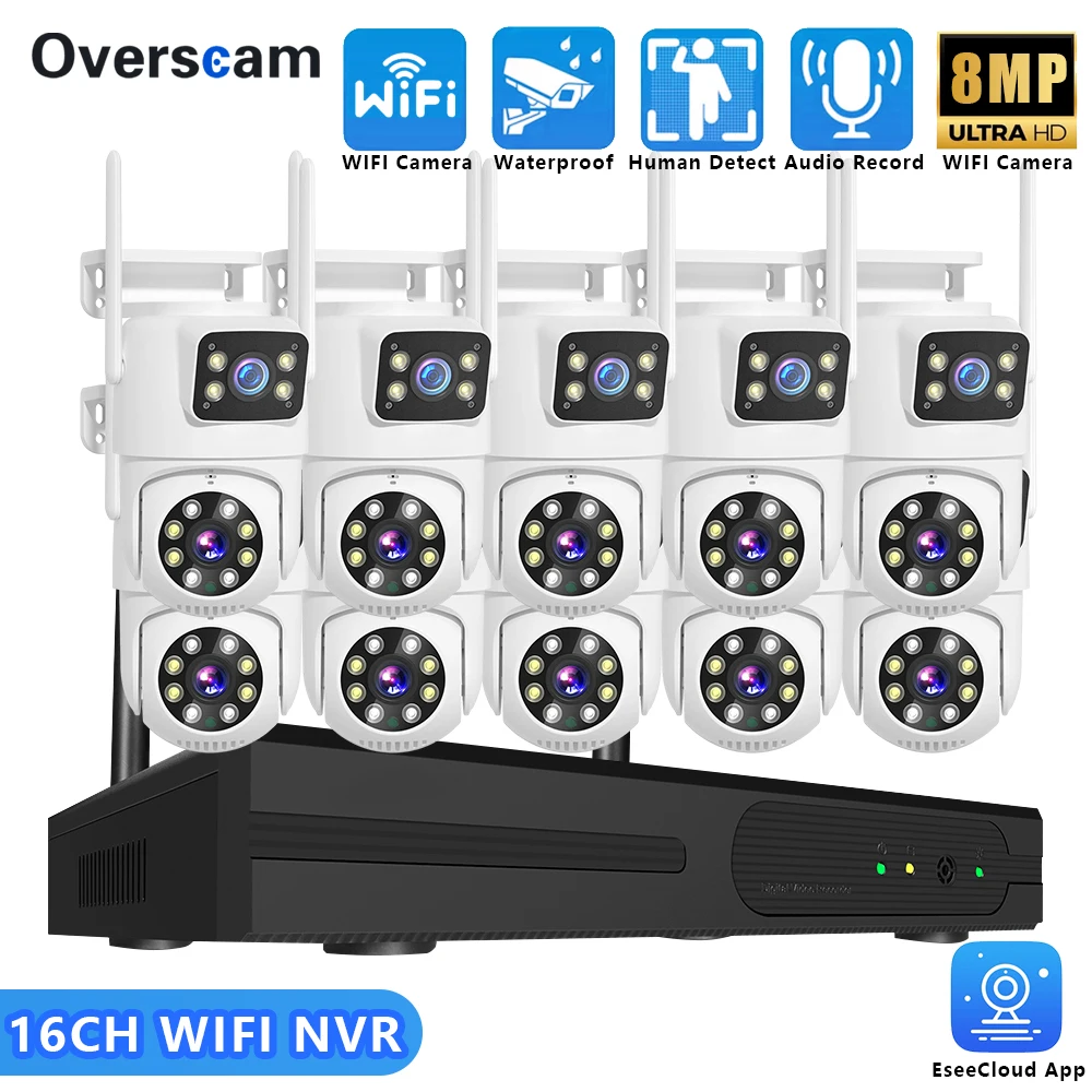 4K 16CH WiFi NVR Security Camera System Dual Lens PTZ CCTV Kits Audio Recording Color Night Vision Motion Detection Surveillance