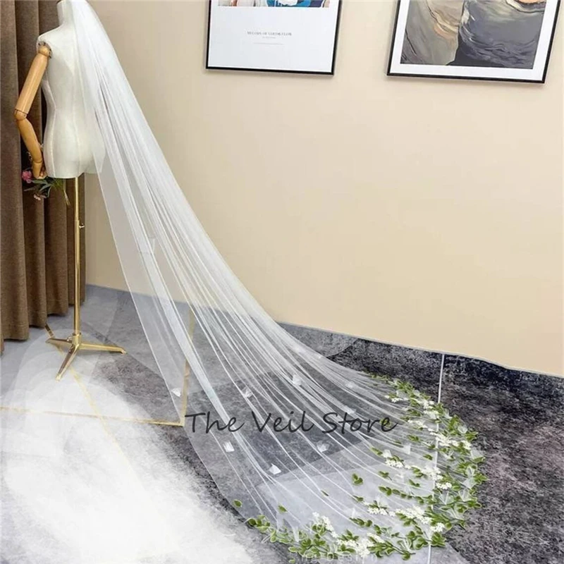 Long Cathedral Floral Bridal Wedding Veils With Comb Tulle White Ivory Wildflowers And Leaves Leaf Green Yellow Appliques Luxury