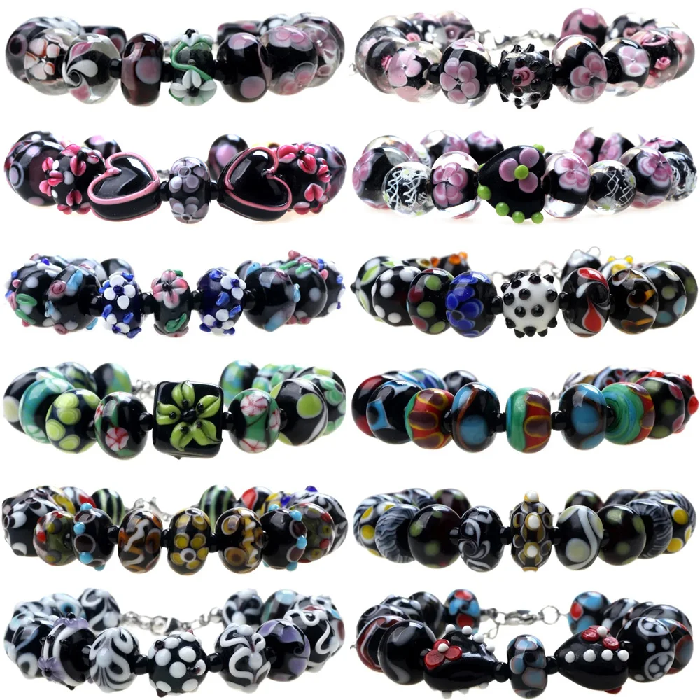 Only Sell 1set!! Good Quality!! Colored Black Beads!!! Pure Handmade Retro Lampwork Glass Beads For Crafts Charm Bracelets!