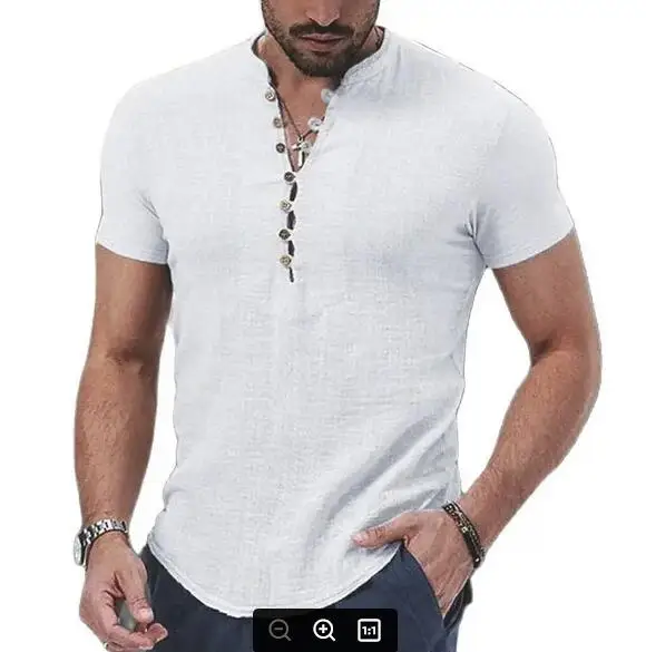 

Men Flax Blouse Henley Neck Short Sleeves Linen T-shirt Tops Summer Autumn 3xl 2xl