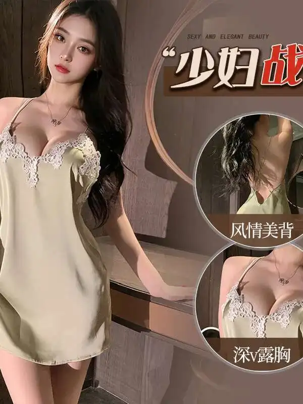 Private Temptation High-Endชุดนอนฤดูร้อนบางเลียนแบบผ้าไหมเซ็กซี่ลูกไม้NightdressชุดElegant Tank Mini Dress 1JXV