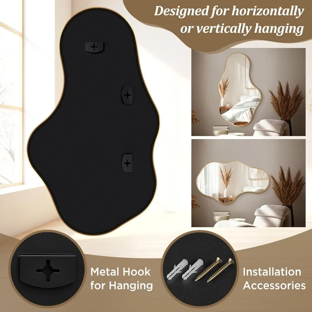 Espelho de parede abstrato assimétrico 22x36 polegadas moldura dourada para banheiro, quarto, sala de estar