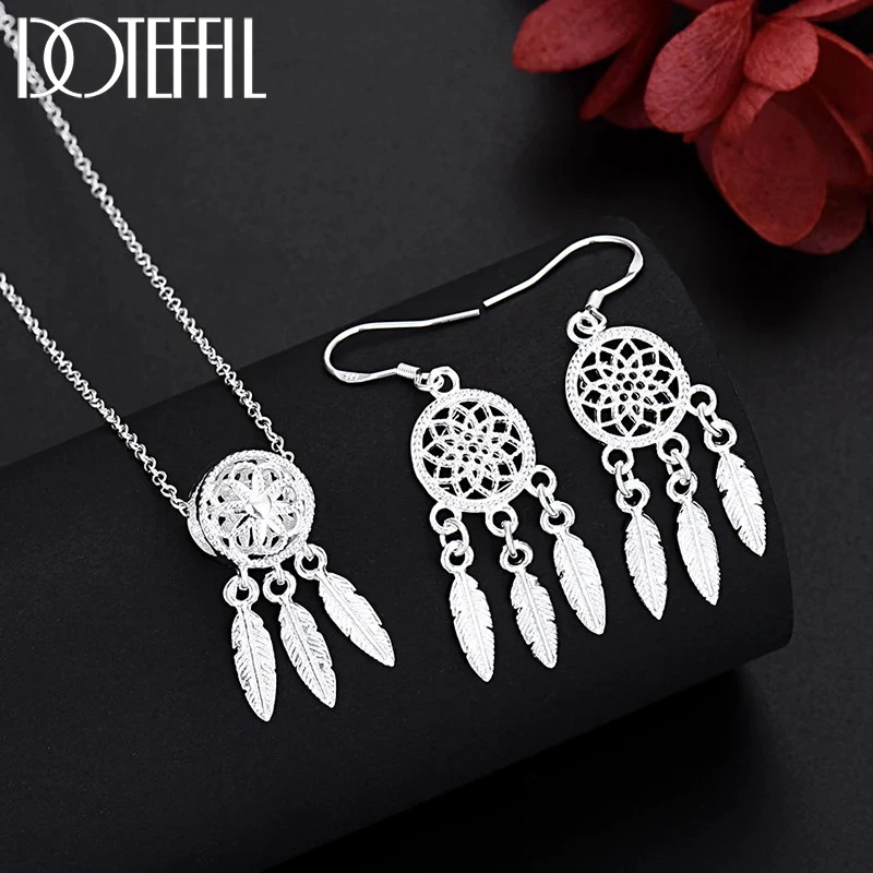 DOTEFFIL Fine 925 Sterling Silver Charm Naszyjnik Kolczyk Biżuteria Dla Kobiet Zestaw Retro Prezent Ślubny Trendy
