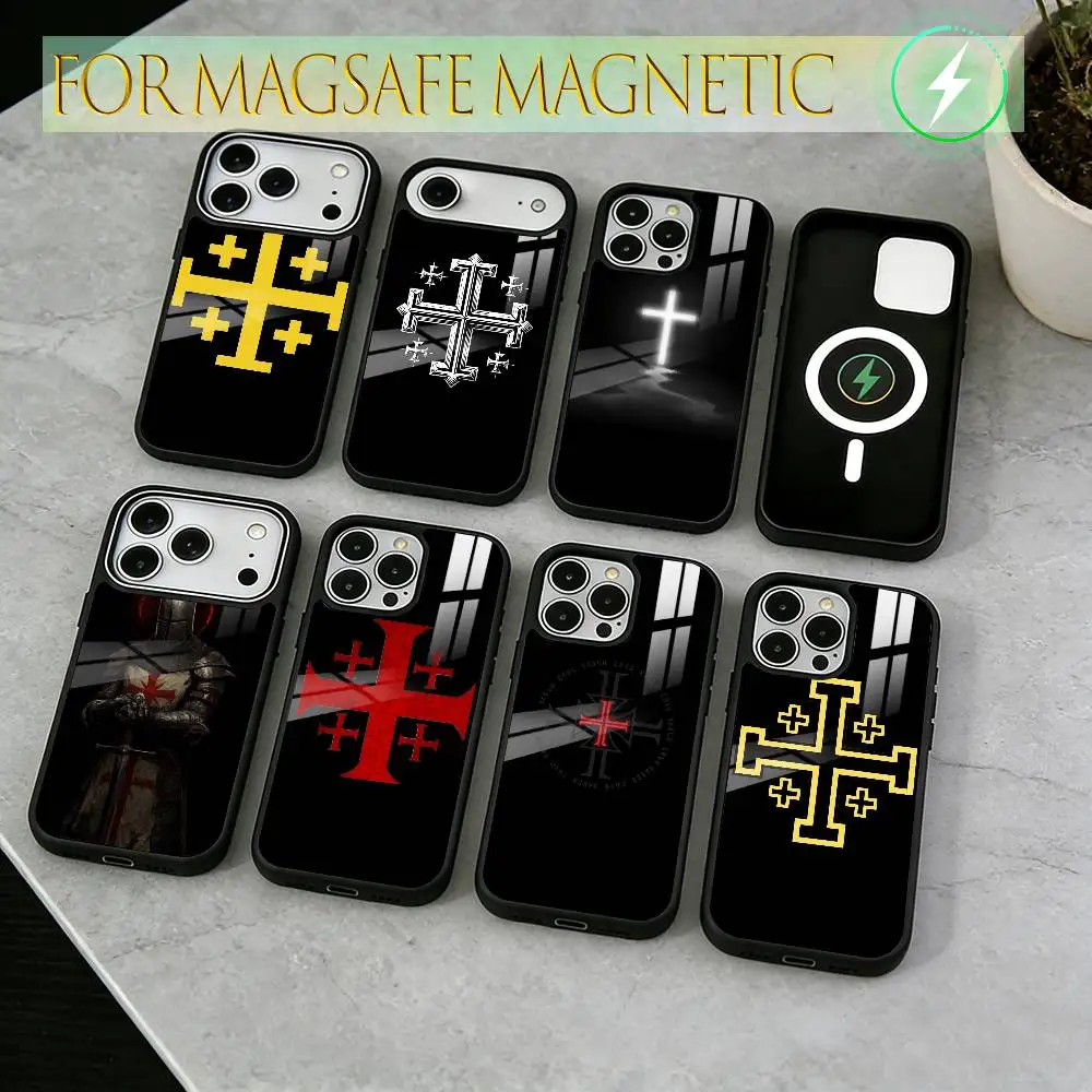 Jerusalem Cross Shockproof Black  Phone Case For iPhone17,16,15,14,13,12,11 Plus,Pro Magnetic For Magsafe Wireless Charging