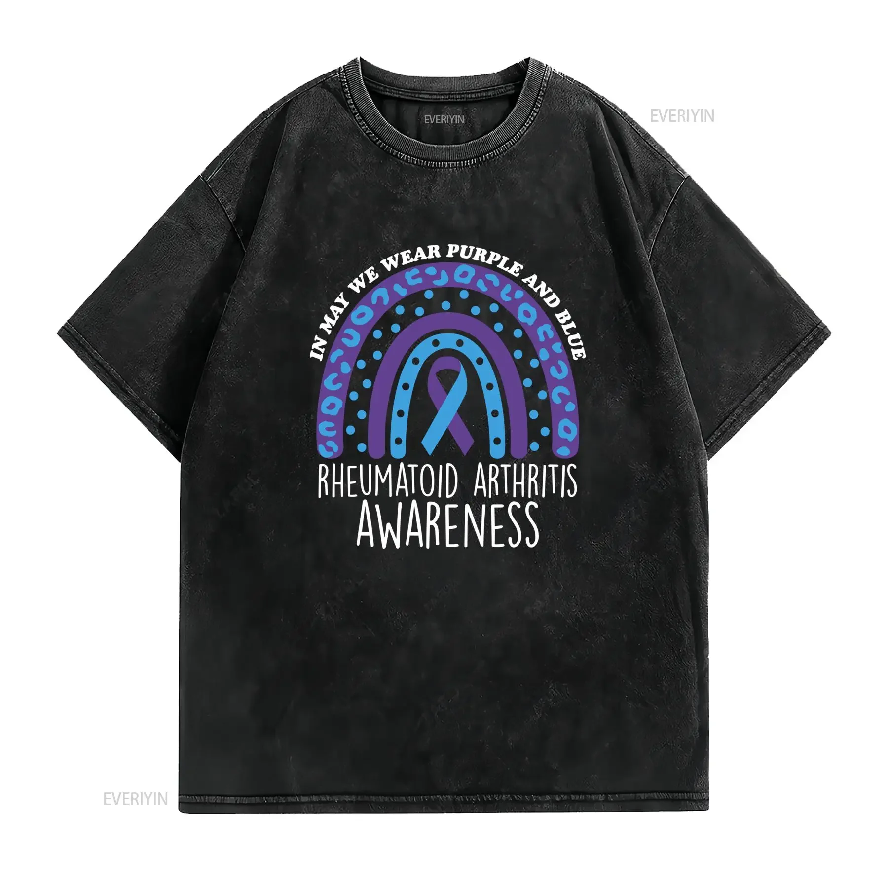 Casual Rheumatoid Arthritis Awareness Purple Blue Ribbon Rainbow Print T Shirt vintage Washed Stretched Top For Everyday Wear
