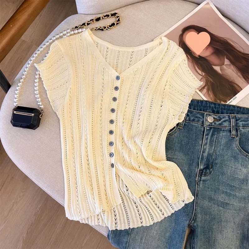 

French Temperament Vne Hollowout Pit Knitted Tirt Women's Spring Cotton Faion Casual Sle Clothing