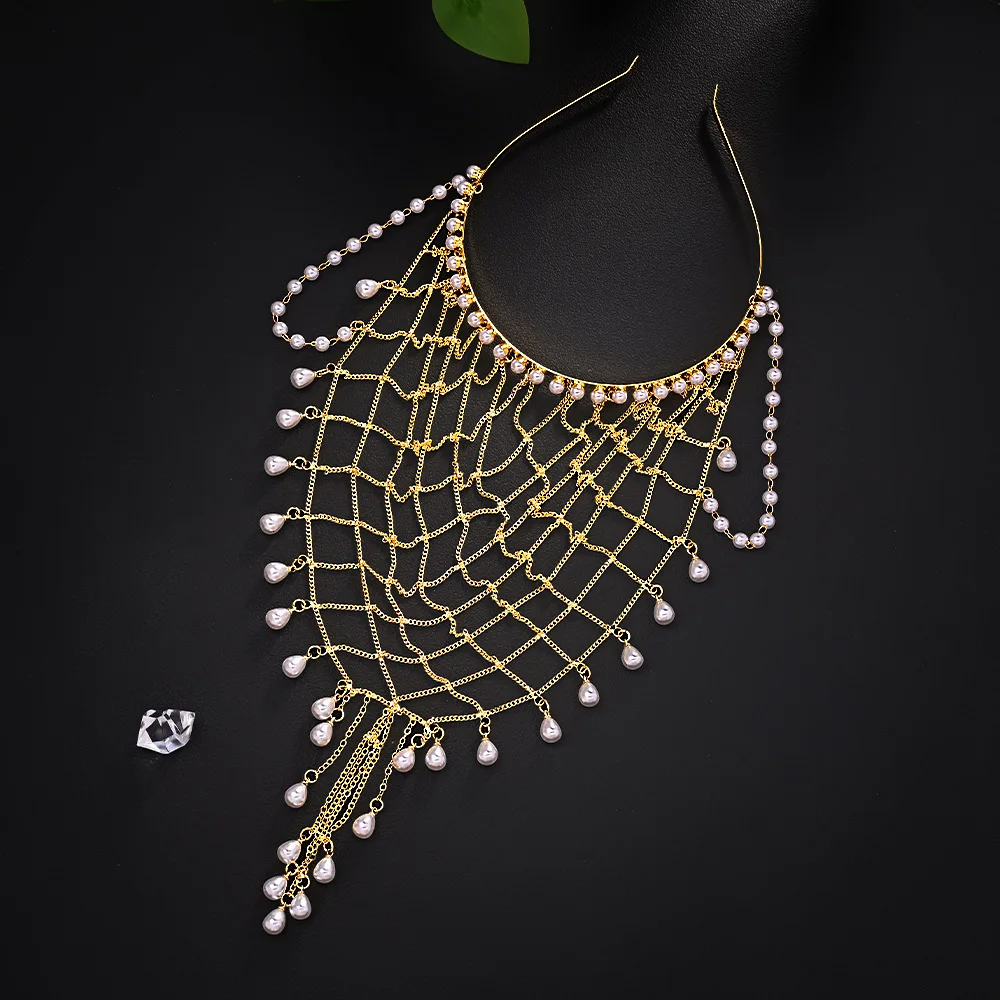 Gold Mesh Pearl Head Chain for Women Layered Tassel Headpiece Boho Hair Jewelry for Party Wedding 3