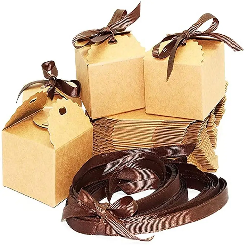 YOUZI 50pcs Kraft  Paper  Box With Ribbon Retro Style Matte No-wax Appearance Diy Wave Pattern Wedding Candy Box 6.5x6.5x4.5cm