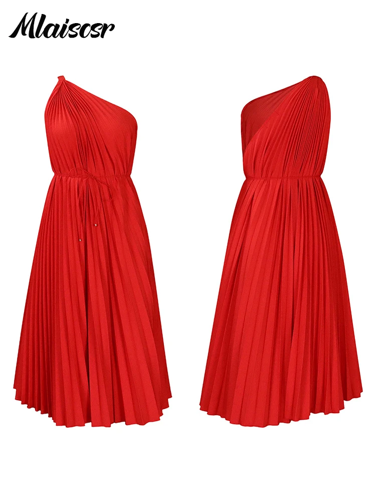 Mlaiscsr Vakantie Afrikaanse Vrouwen Een Schouder Mouwloze Grote Schommel Geplooide Mid Jurk Elegante Verjaardag Avond Beach Party Vestido