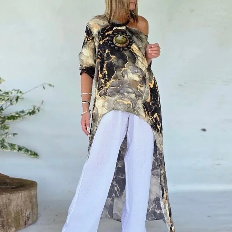 

Элегантные женские футболки с длинным рукавом и асимметричным разрезом, повседневные свободные блузки с необработанным краем, винтажные топы с принтом и круглым вырезом для офиса