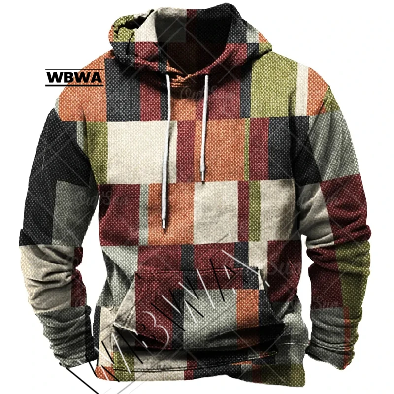 Vintage Men\'s Hoodie For Sweatshirt 3d Plaid Print Long Sleeve Pullover Street Man Clothing Men\'s Oversized Hooded Sweater 2023