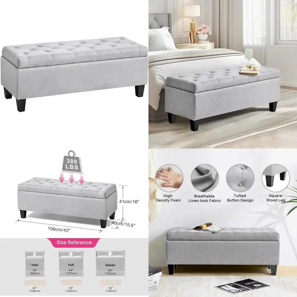 

Storage Ottoman Bench with Button Tufting, Modern Fabric Design, End of Bed Storage Solution, Safety Hinge Feature, Accent Furni