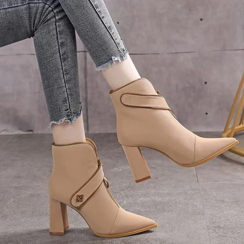 

French Chic 2025 Pointed Toe Booties Women 5CM Chunky Heel Ankle Boots with Buckle Strap & Front Zipper Elegant Fashion
