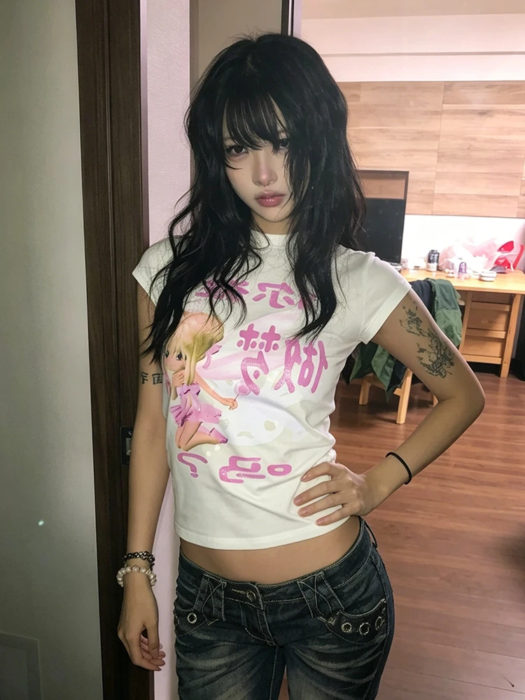 Tonngirls Y2k Japanese Print Graphic Tops Women Short Sleeve Cotton Tshirts Aesthetic 2000s Funny Casual Vintage Tops Korean view 2