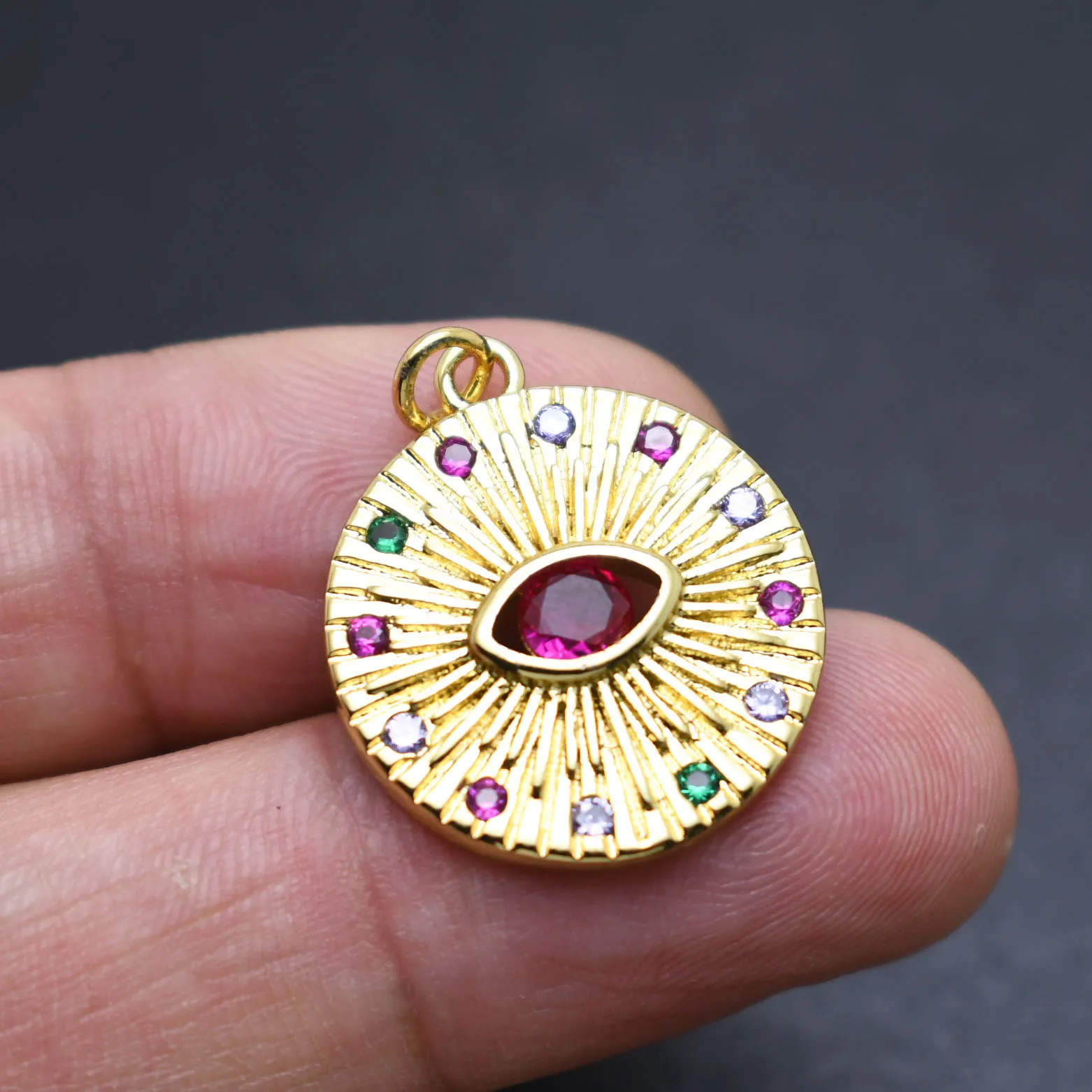 

Fashion Women Jewelry High Quality Anti Fading Gold Plated Multi Color CZ Paved FLower Evil Eye Round Pendant for DIY Necklace