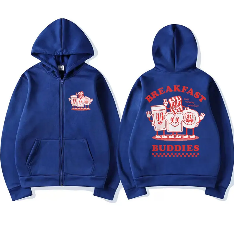 Funny Breakfast Buddies Graphic Zip-up Hoodie Men Women Fall and Winter Fleece Sweatshirt Coat Couple Fashion Zipper Jacket Male