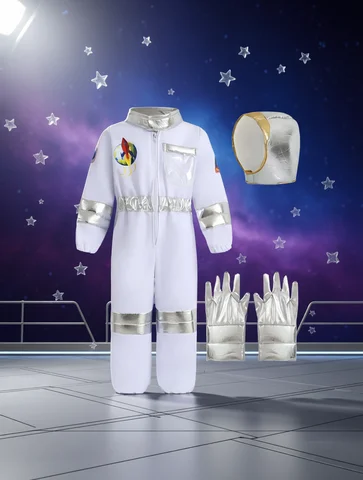 Kids US Astronaut Dressup Costume Deluxe Print Cartoon White Space Suit Bodysuit Halloween Role Play Adventure Gloves Hat Set