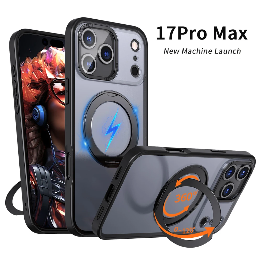 حافظة هاتف فاخرة بحلقة مغناطيسية دوارة قابلة للطي لهاتف آيفون 17 Air 15 16 Pro Max 14 13 12 11 واقي عدسة أكريليك شفاف \';[. #1
