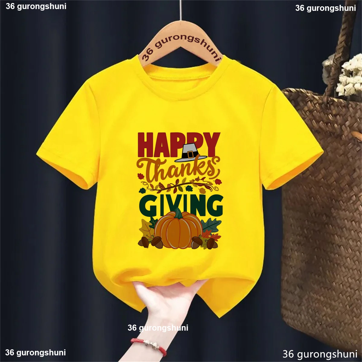 Happy Thanksgiving T-shirt for Children, Pumpkin Autumn Leaf Pilgrimage Hat Pattern Short Sleeve T-shirt for Boys and Girls Tops