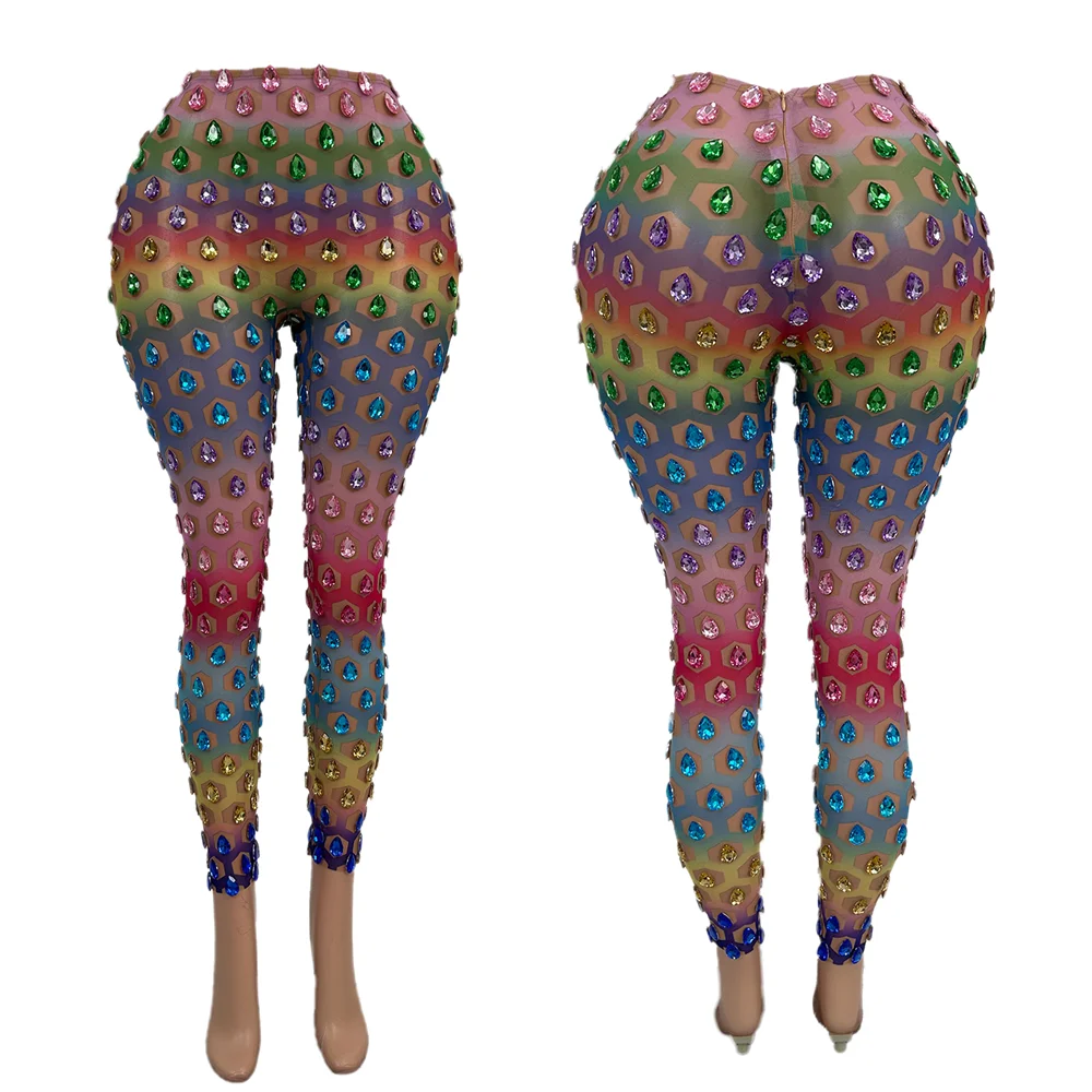 

Сексуальные брюки со стразами, женские большие размеры, эластичные сетчатые леггинсы с кристаллами, облегающие брюки с бриллиантами, Клубная праздничная одежда, наряд для музыкального фестиваля