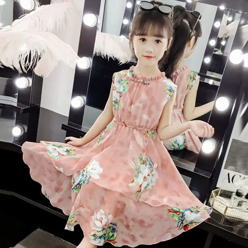 European 2025 Summer Girls mesh chiffon Teens Princess Kids Dress strapless Sleeveless Vestidos Floral clothes 6 8 9 10 12 Year