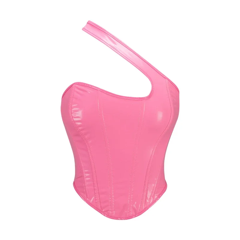 

Женский корсет на одно плечо, топ на бретелях, сексуальный розовый топ из искусственной кожи с завышенной талией, бюстье, укороченные топы, готическое нижнее белье на шнуровке, корсеты, майки