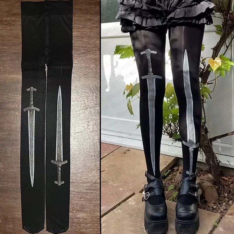 Kawaii Y2K Socks Classic Style Punk Printed Women's Jumpsuit Japanese Sweet Slimming Lolita Thigh High Socks 2000s Emo Gilrs