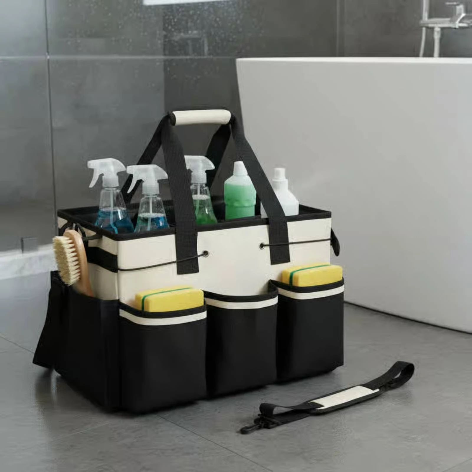 

Cleaning Supply Organizer Bag Long-Lasting Nylon Cleaning Carrier Bag Housekeeping Carrier 5 Compartments Household Storage