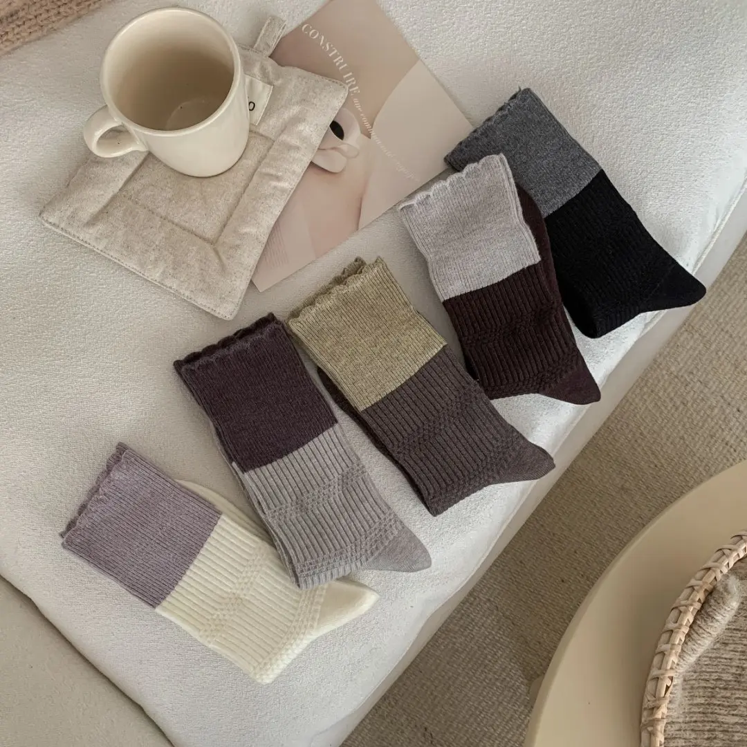اليابانية الرجعية النساء الجوارب الخريف والشتاء Harajuku موضة اللون مطابقة الجوارب الطويلة النساء JK لوليتا Kawaii لطيف مكشكش الجوارب #6