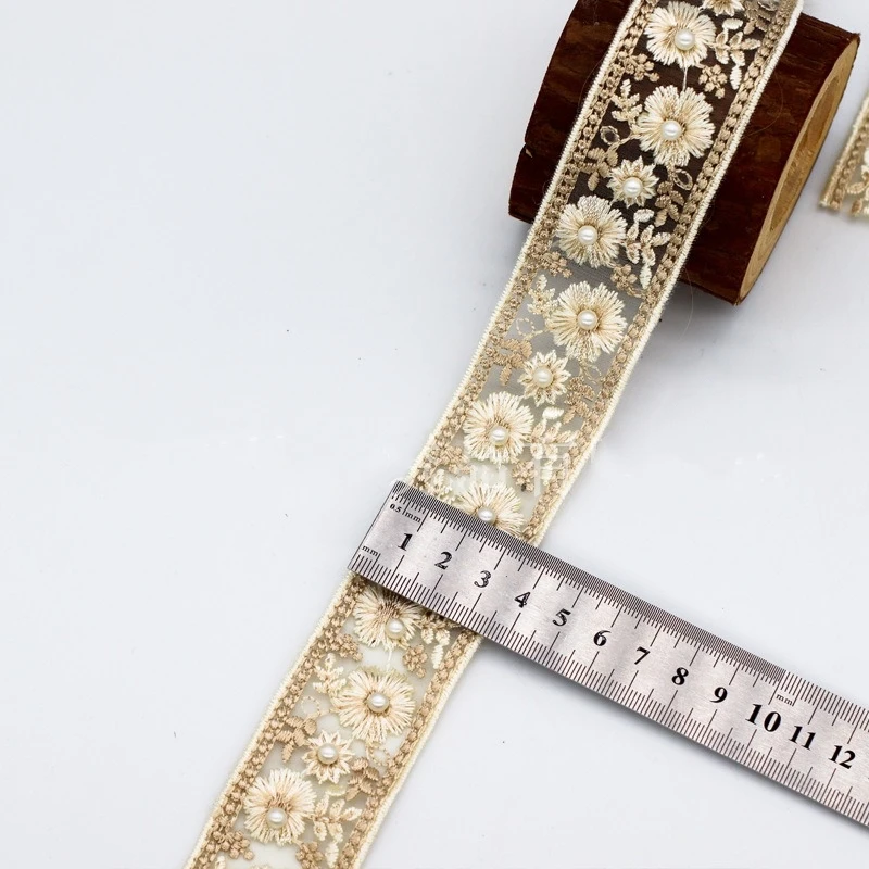 1 Yards Embroidery Lace Trim Pearl Beaded Ribbon Garment Wedding Dress Decor Trimming DIY Accessory