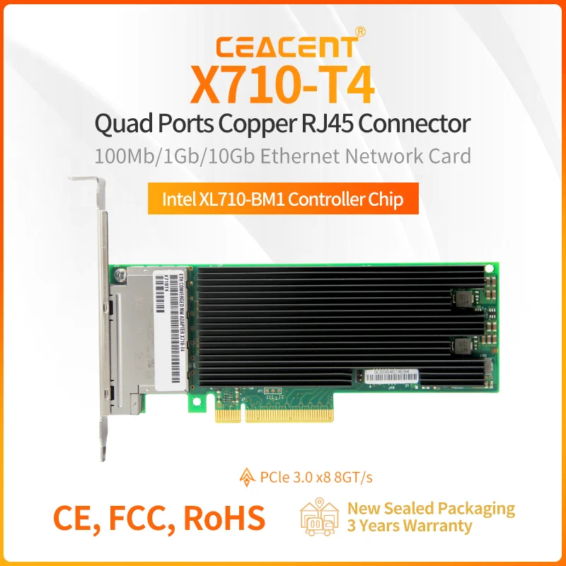 

X710-T4 Quad Port RJ45 Connector Intel XL710BM1 Chipset, PCIe 3.0 x8 10Gb Ethernet Server Network Card Low Profile & Full Height