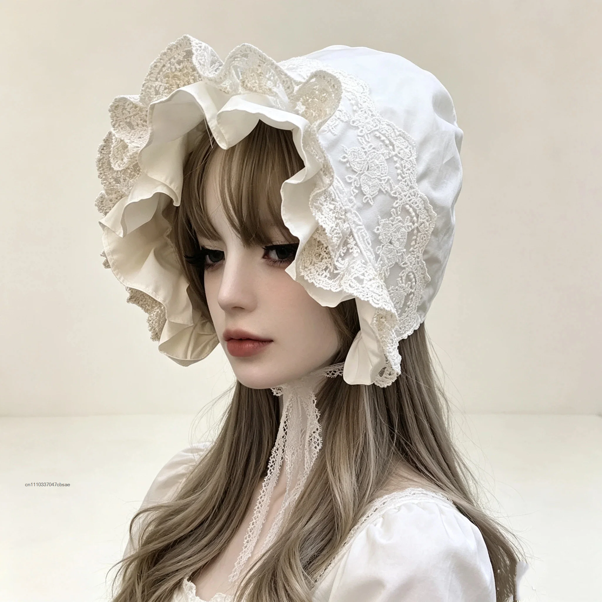 Vintage Victorian Lace Bonnet Hat Ruffled Floral Trim Prairie Rural Bonnet Hats Cute Pioneer Victoria Party Wedding Headdress