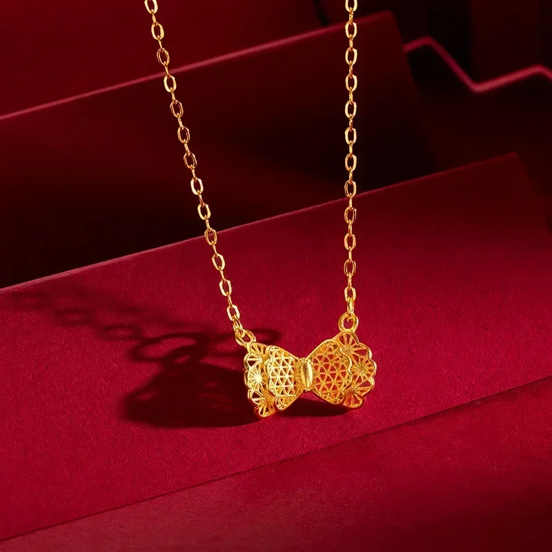 

Female Fashion 9999 24K Real Gold Bow Necklace Pendant Gentle and Cute Bow Set Chain Gift for Women Mom Girlfrend