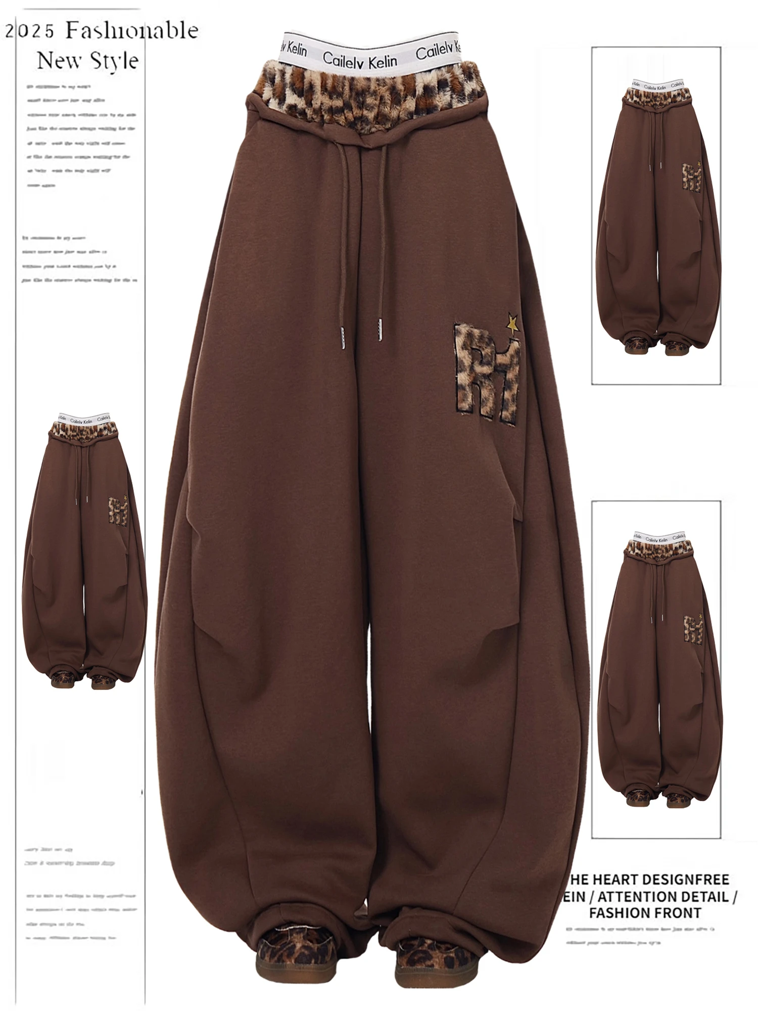 

Women's Y2K Baggy Wide Leg Pants Leopard Print Drawstring Waist Streetwear Trousers with Letter Embroidery 2025 Fashion