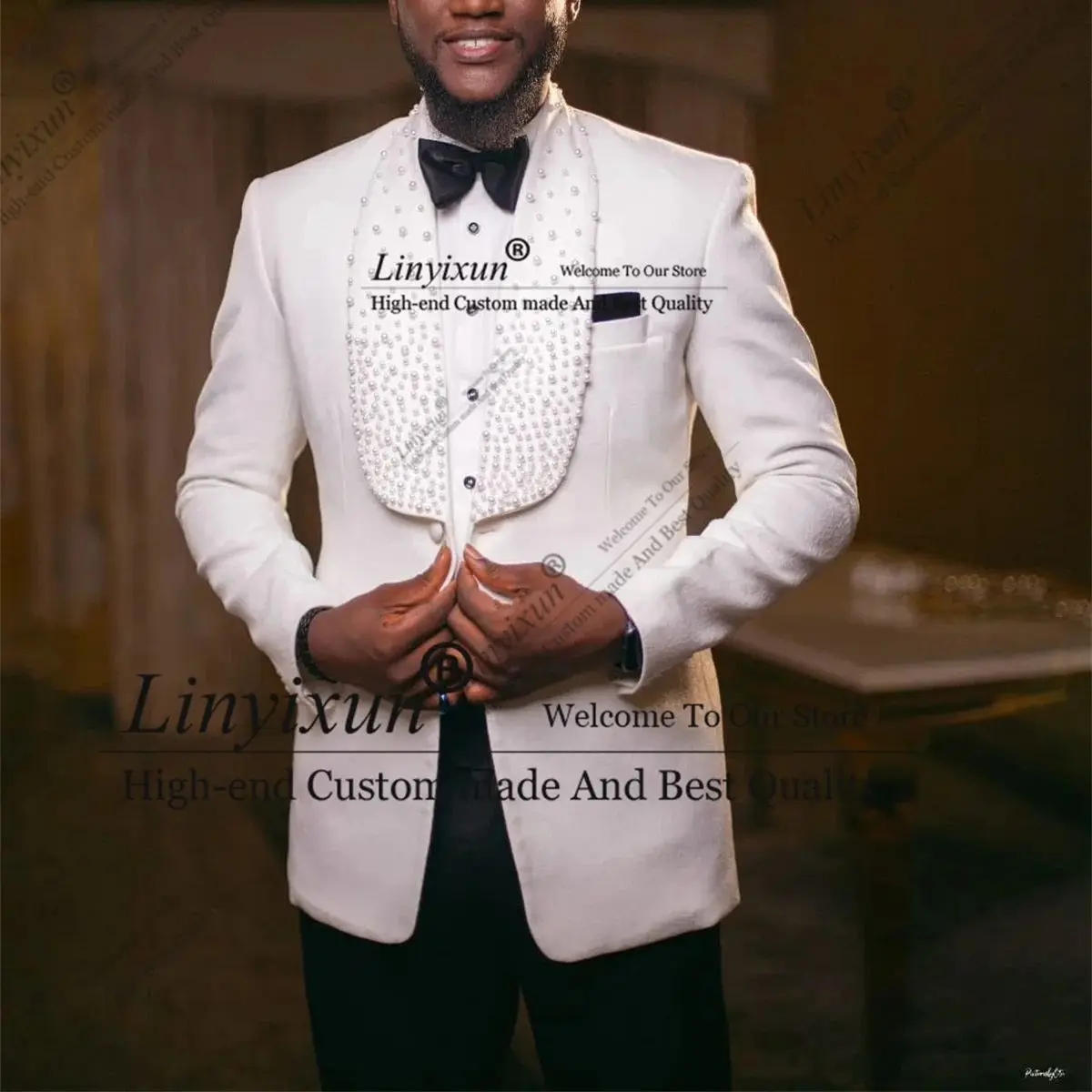 

Hamdsome Bead Pearl Men Suits Shawl Lapel Groom Tuxedos Customized trajes para hombre 2 Pieces Sets Wedding Male Prom Blazer