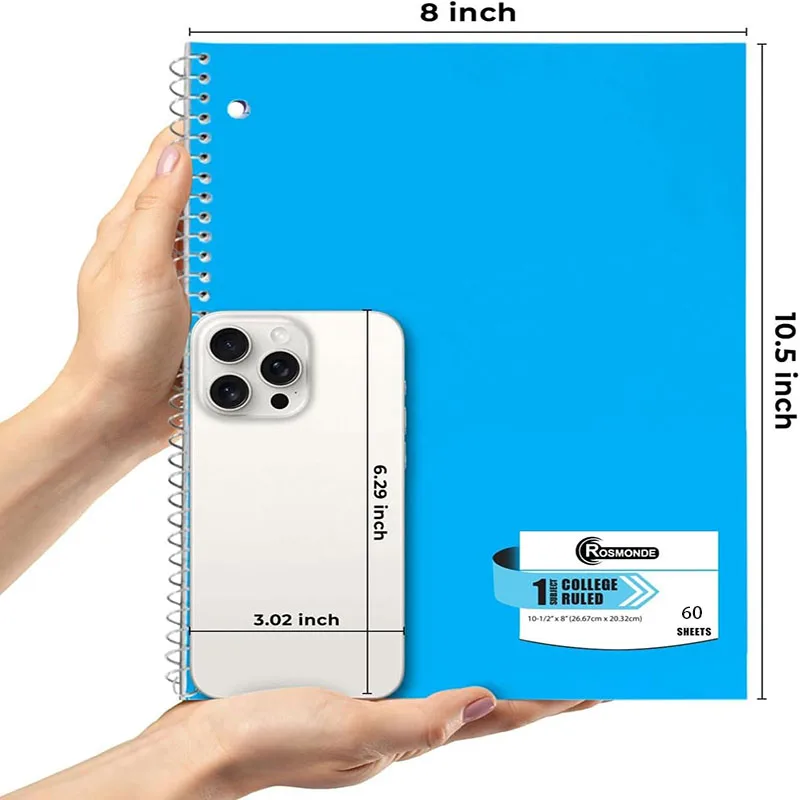 2 Pack Spiral Notebooks, College Ruled 60 Sheets, 8 x 10.5 Inch 3-Hole Punched Bulk Notebooks for School & Office