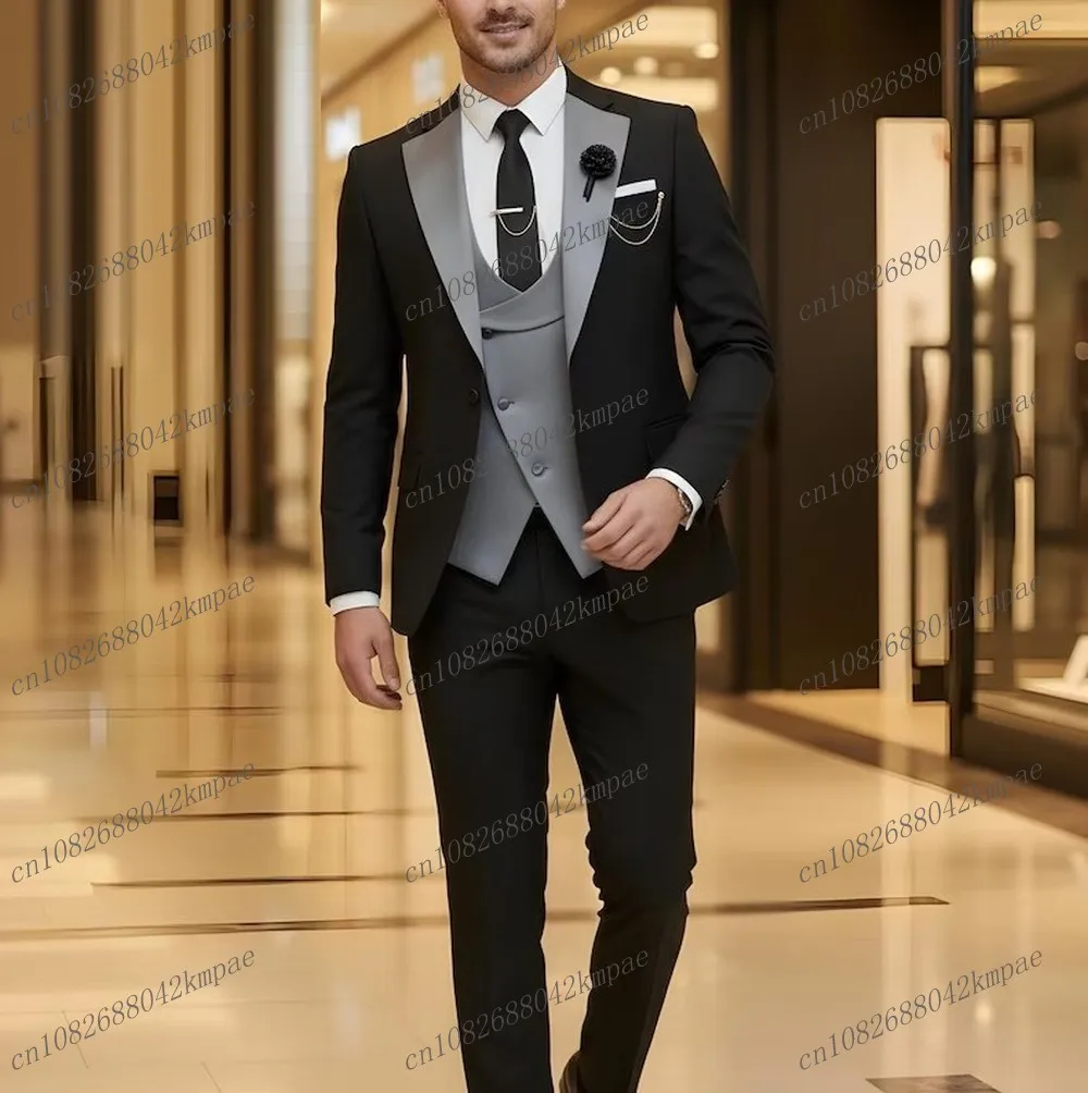 

New Black And Grey Formal Men Suit Groom Groomsman Wedding Party Prom Business Male Tuxedos 3 Piece Set Blazer Vest Pants