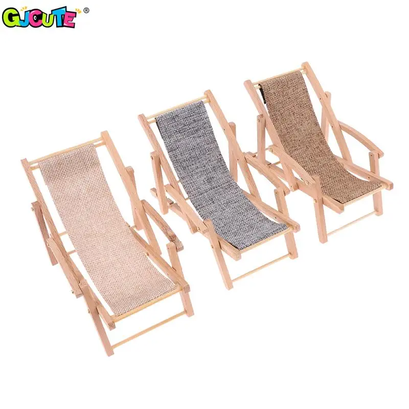 

1/12 Dollhouse Miniature Beach Chair Deck Chair Mini Wooden Lounge Chair Models Living Scene Decor Toy Doll House Accessories