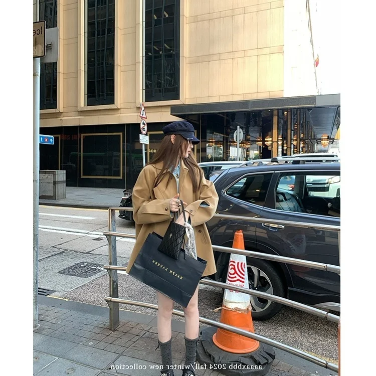 

Trench Coat Woman Commute Wear Popular Style Over Knee Olive Mid-Length Flap Pockets Spliced Patchwork Special Attractive