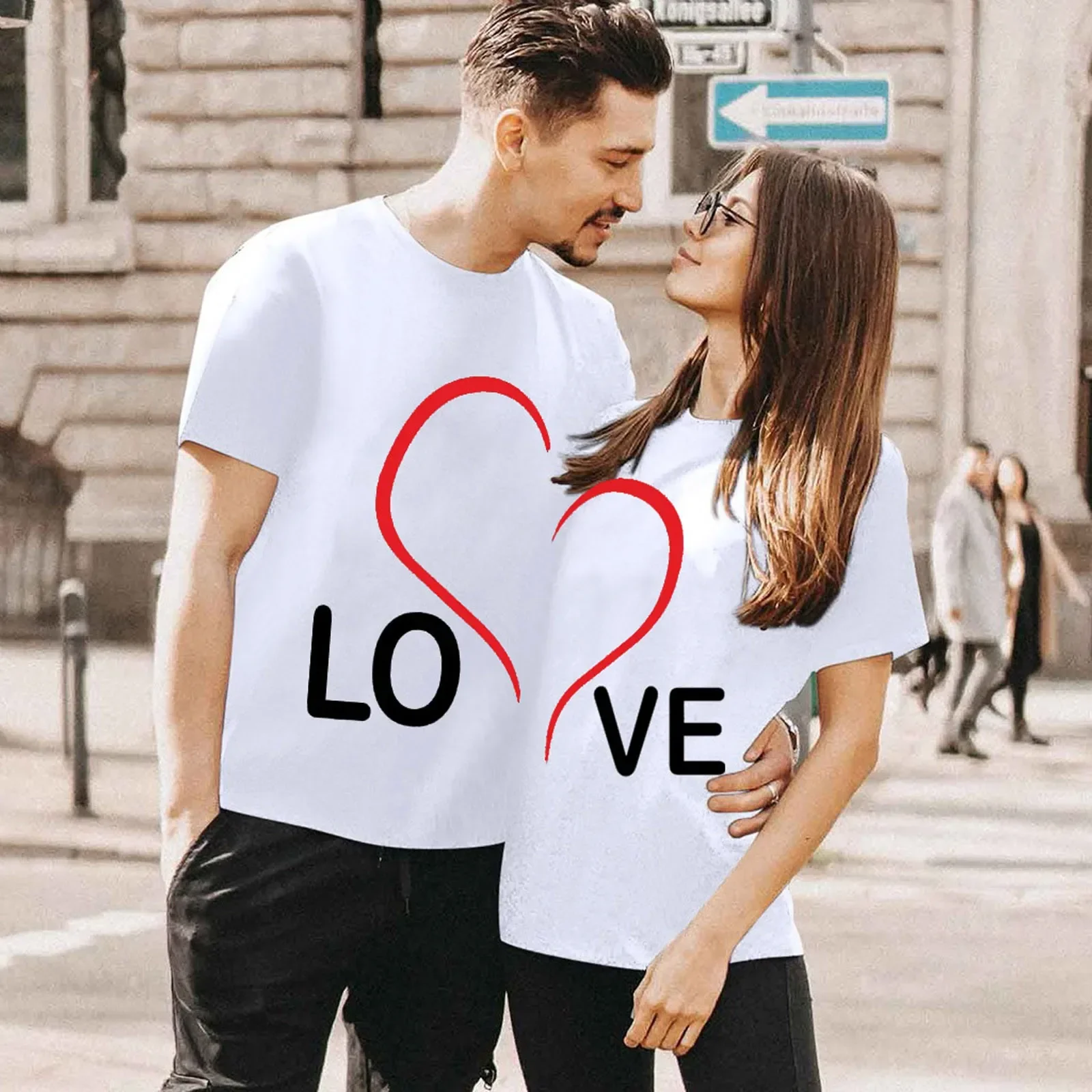 Love Letter Combine T-Shirt Lover Couple Tops Heart Patchwork Round Neck Short Sleeve T-Shirts Valentine's Day Gift For Partner