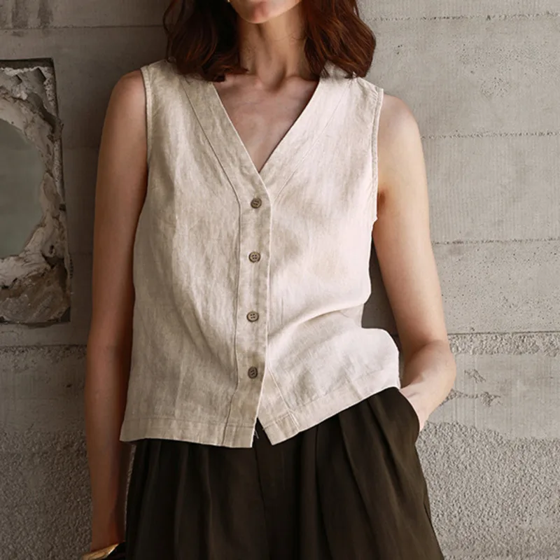 

Льняной жилет с v-образным вырезом для женщин, летний топ без рукавов, элегантный повседневный топ в стиле ретро в стиле Old Money, однобортный топ на каждый день для поездок на работу