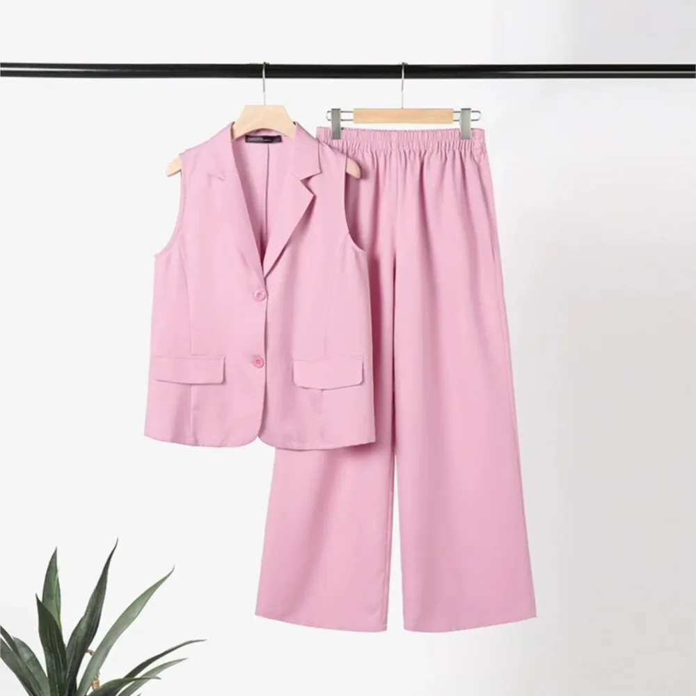 

Женский летний костюм без рукавов, брюки, комплект из 2 предметов, модные свободные широкие брюки, женский офисный розовый костюм, повседневный комплект 2025