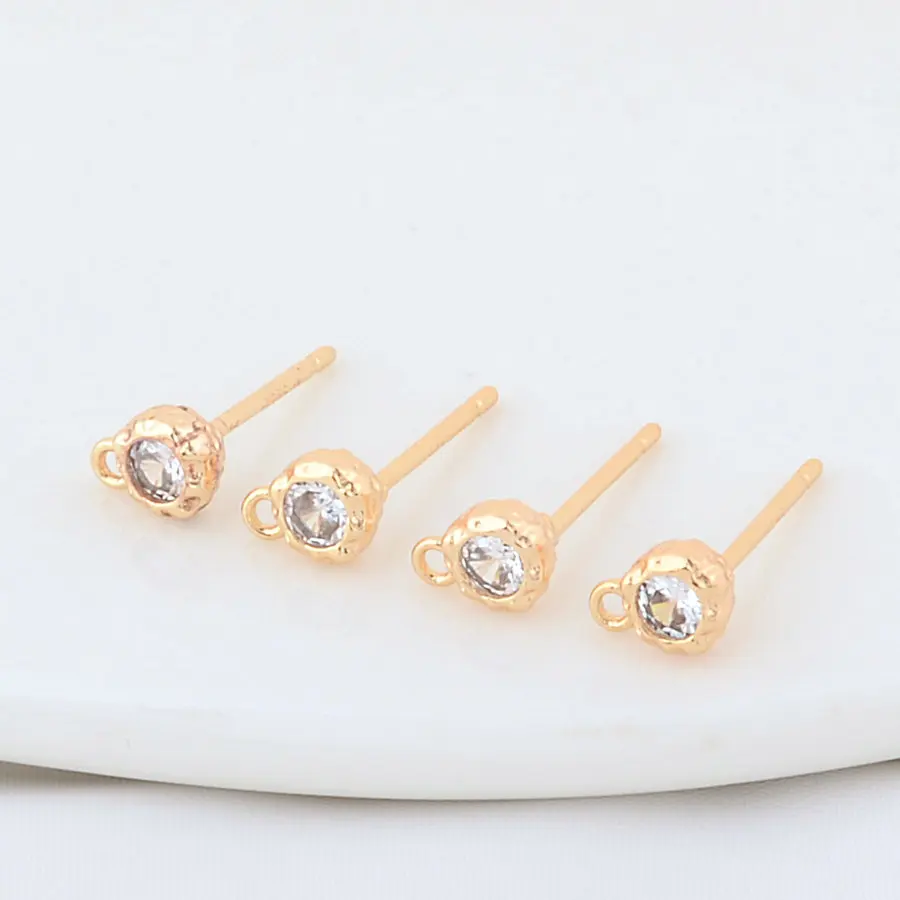 6PCS 4.5MM 14K Gold Plated Brass and Zircon Round Shape Stud Earrings  DIY Jewelry Making Accessories