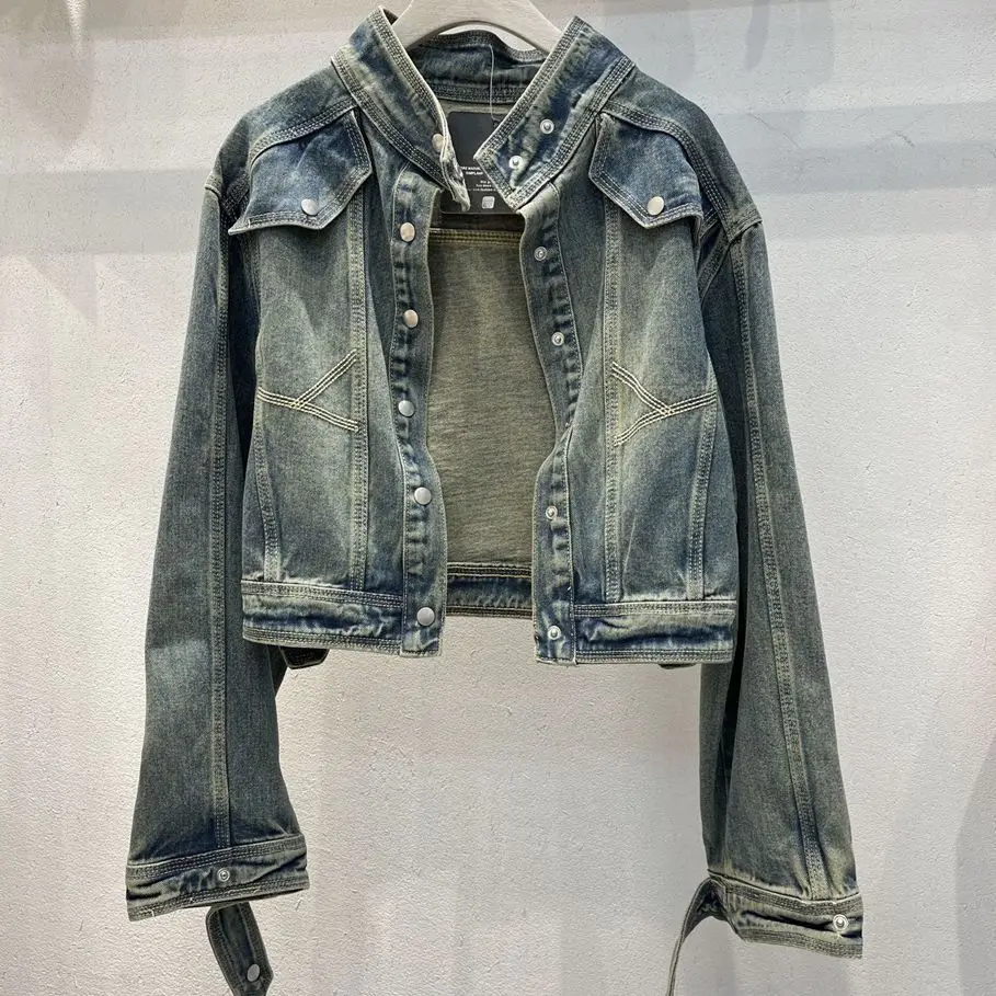 

2023 Spring New Vintage Stand Collar Washed Denim Jacket Women Slim Single Breasted Full Sleeves Short Coat Female Outwear Y3614